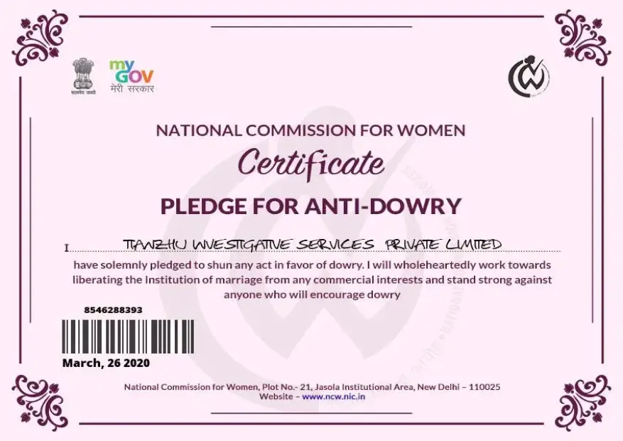 Certificate Pledge For Anti-Dowry.