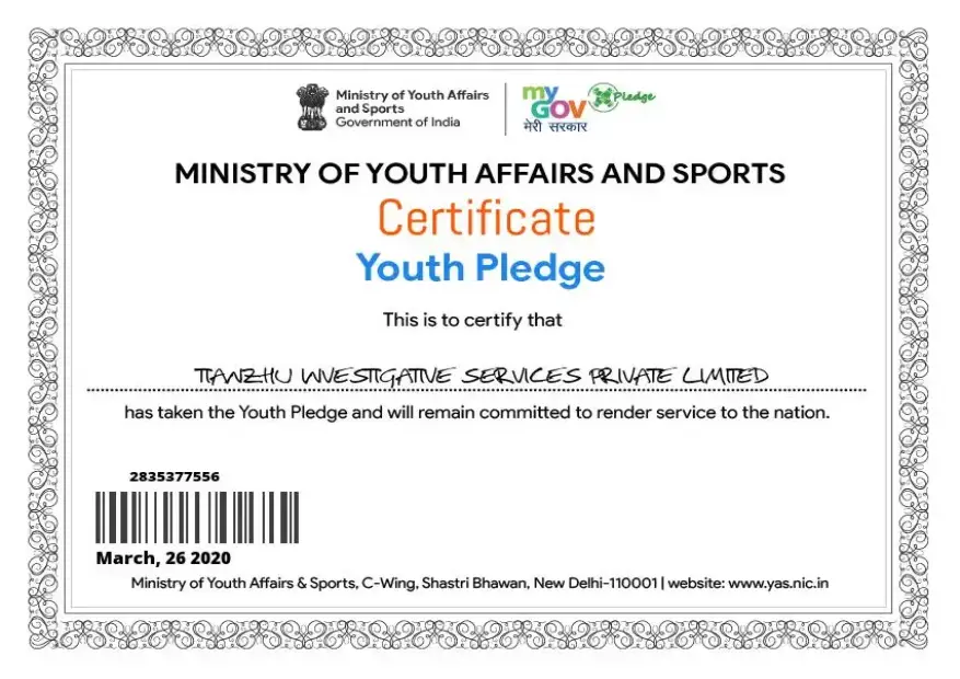 Ministry of Youth Affairs Pledge Certificate.