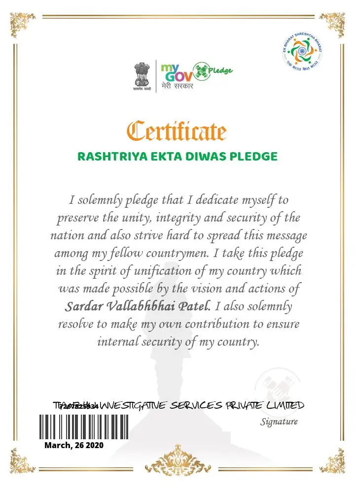 Certificate Rastriya Ekta Diwan Pledge.